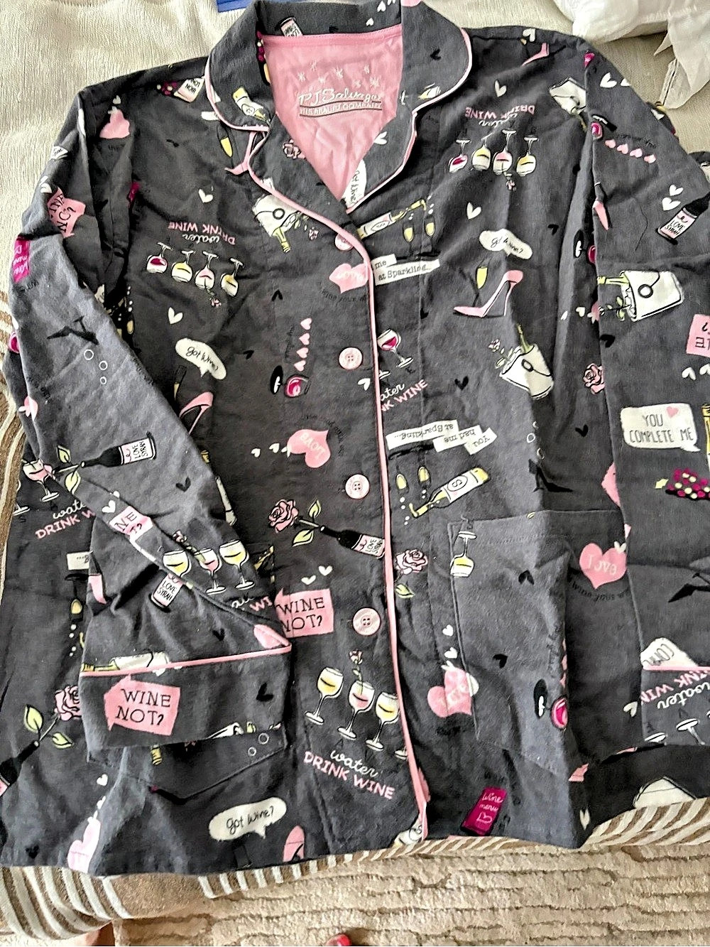 PJ Salvage Wine Print Pajama Set in Black & Pink Like New